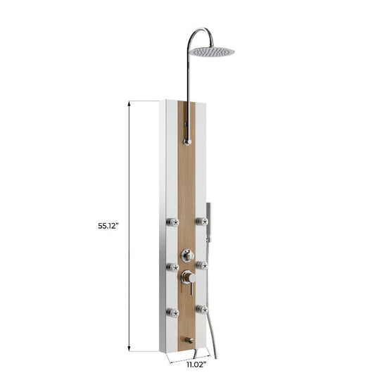 55 in. 6-Jet  Stainless Steel Bamboo Wood Shower Panel System With Adjustable Round Rainfall Showerhead, Handheld Shower & Tub Spout, Self-Cleaning & Jet Massage Feature