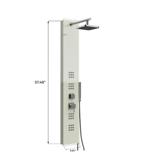 59 in 4-Jet White Glass Shower Panel System With Adjustable Rainfall Shower Head & Handheld Shower, Self-Cleaning & Jet Massage Feature