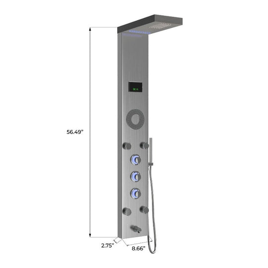 55 In. 5-Jet Stainless Steel Shower Panel System With Fixed LED Rainfall Shower Head, LED Temperature Display & Handheld Shower, Self-Cleaning & Jet Massage Feature