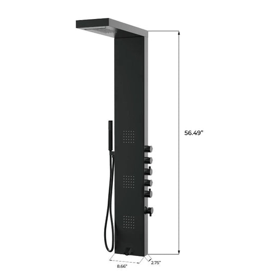 55 in. 3-Jet Stainless Steel Matte Black Shower Panel System with Fixed Rainfall & Waterfall Shower Head, Tub Spout & Handheld Shower, Self-Cleaning & Jet Massage Feature