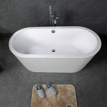 Load image into Gallery viewer, Queen 67 In. Oval Acrylic Freestanding Soaking Bathtub in Glossy White Chrome-Plated Center Drain &amp; Overflow Cover