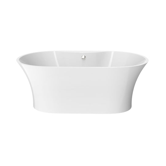 Crystal 59 In. Oval Acrylic Freestanding Soaking Bathtub in Glossy White Chrome-Plated Center Drain & Overflow Cover