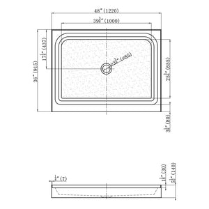 Acrylic Shower Pan Center Drain- Single Threshold - Resin and Fiberglass - 48 X36 X 5.5