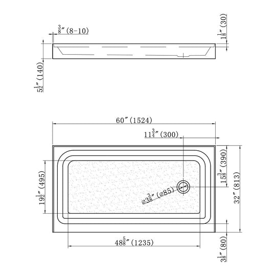 Shower Tray - Right Drain Single Threshold - Acrylic and Fiberglass -  60 X 32 X 5.5