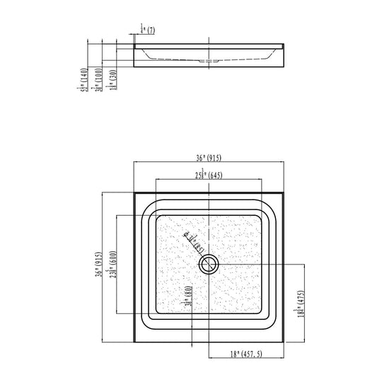 Center Drain Shower Pan - Shower Pan - Single Threshold - 36 X 36 X 5.5