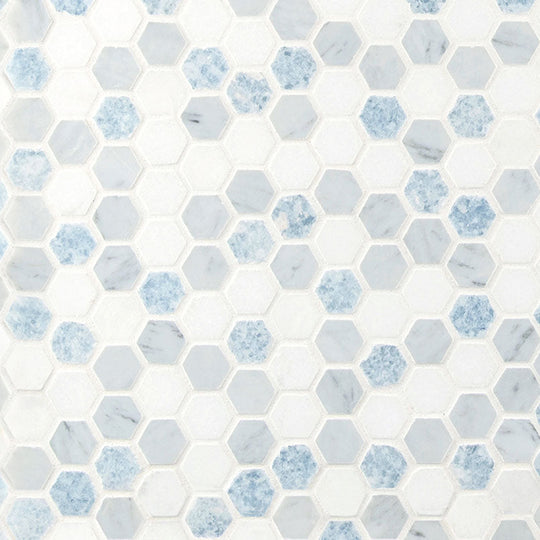 1" X 1" Hexagon Azula Polished Blue & White-Cool Marble Mosaic Tile (9.6SQ FT/CTN)