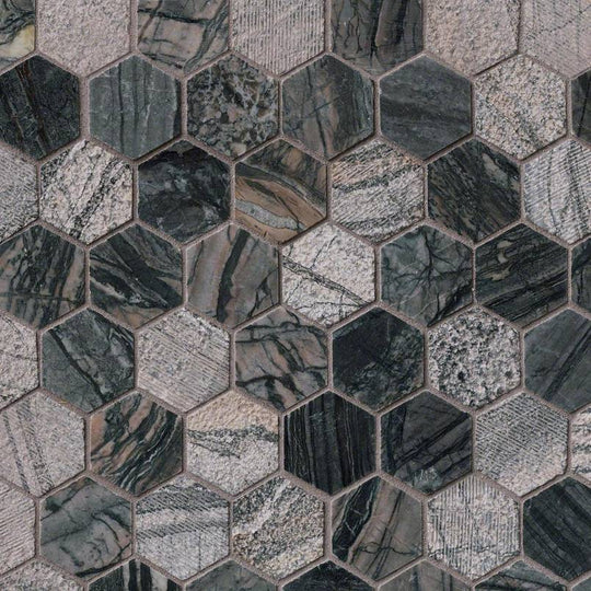 2" X 2" Hexagon Henley Black Multi Finish Mosaic Tile (9.8SQ FT/CTN)