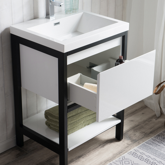 Logon Modern Freestanding Bathroom Vanity With Acrylic Sink, Drawer & Open Shelf Storage