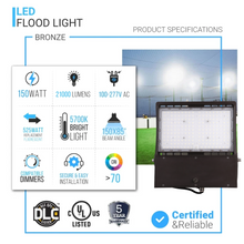 Load image into Gallery viewer, 150 Watt LED Flood Light, 5700K, AC120-277V, Bronze, Dimmable, Outdoor Lighting, IP65 Waterproof LED Security Area Lights for Yard, Parking Lot, Playground &amp; Stadium Lights