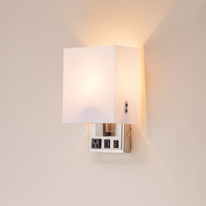 1-Light, Decorative Wall Sconces Fixtures, Satin Nickel Finish with White shade, Dimension: W7"xD4"xH11", 1 usb,1 switch and 1 outlet