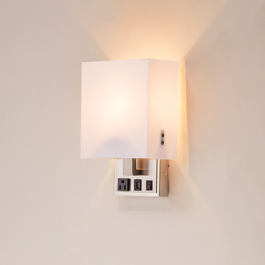 1-Light, Decorative Wall Sconces Fixtures, Satin Nickel Finish with White shade, Dimension: W7"xD4"xH11", 1 usb,1 switch and 1 outlet