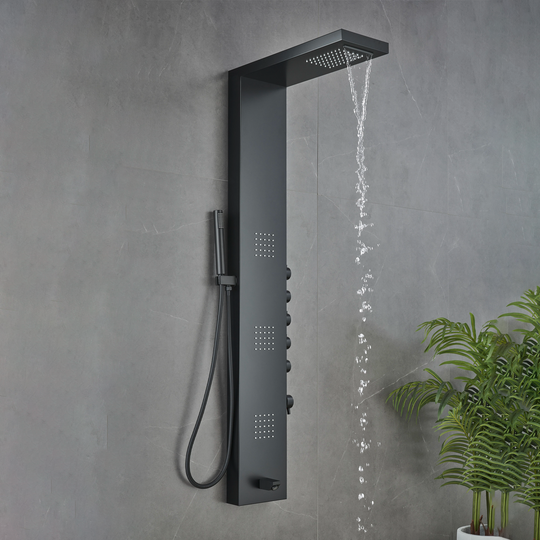 55 in. 3-Jet Stainless Steel Matte Black Shower Panel System with Fixed Rainfall & Waterfall Shower Head, Tub Spout & Handheld Shower, Self-Cleaning & Jet Massage Feature