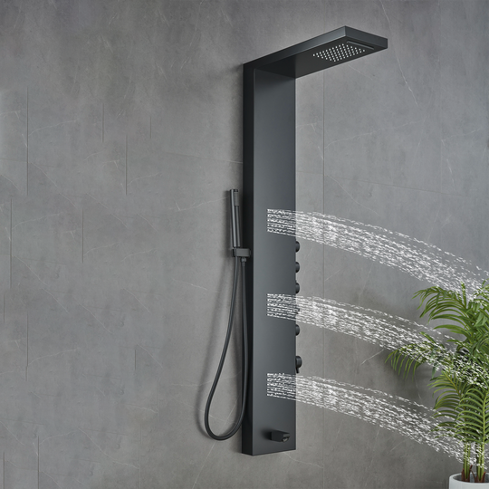 55 in. 3-Jet Stainless Steel Matte Black Shower Panel System with Fixed Rainfall & Waterfall Shower Head, Tub Spout & Handheld Shower, Self-Cleaning & Jet Massage Feature
