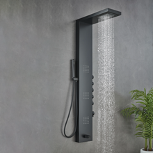 Load image into Gallery viewer, 55 in. 3-Jet Stainless Steel Matte Black Shower Panel System with Fixed Rainfall &amp; Waterfall Shower Head, Tub Spout &amp; Handheld Shower, Self-Cleaning &amp; Jet Massage Feature