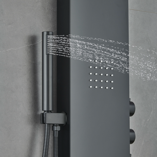 55 in. 3-Jet Stainless Steel Matte Black Shower Panel System with Fixed Rainfall & Waterfall Shower Head, Tub Spout & Handheld Shower, Self-Cleaning & Jet Massage Feature