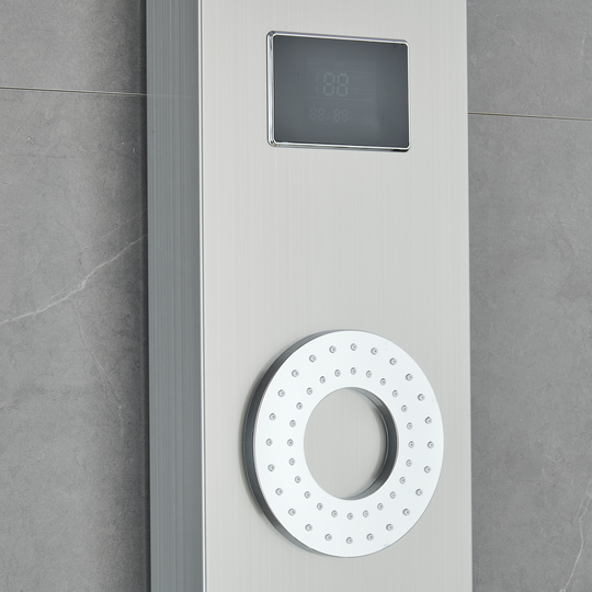 55 In. 5-Jet Stainless Steel Shower Panel System With Fixed LED Rainfall Shower Head, LED Temperature Display & Handheld Shower, Self-Cleaning & Jet Massage Feature