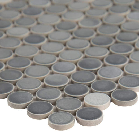 12" X 12" Penny Round Grigio Mix Glossy Darkn Gray Porcelain Mosaic Sheet (14.4SQ FT/CTN)