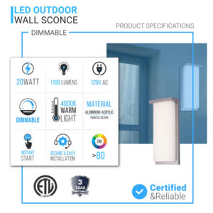 20W Modern LED Outdoor Wall Sconce Light 5000K 600LM White Acrylic Shade, 120-277V Non-Dimmable, ETL Listed, Wet Location, Painted Silver Finish