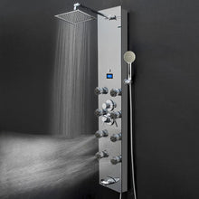 Load image into Gallery viewer, 55 in. 8-Jet Stainless Steel Aluminum/Glass Shower Panel Systems With Adjustable Rainfall Showerhead, Round Handheld Shower,LED Temperature Display, Self-Cleaning &amp; Jet Massage Feature